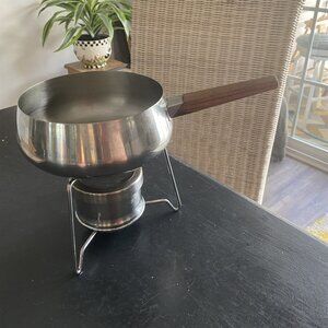 Vintage Vollrath Fondue Pot Mid Century Wood Handle with Base and Burner 9969